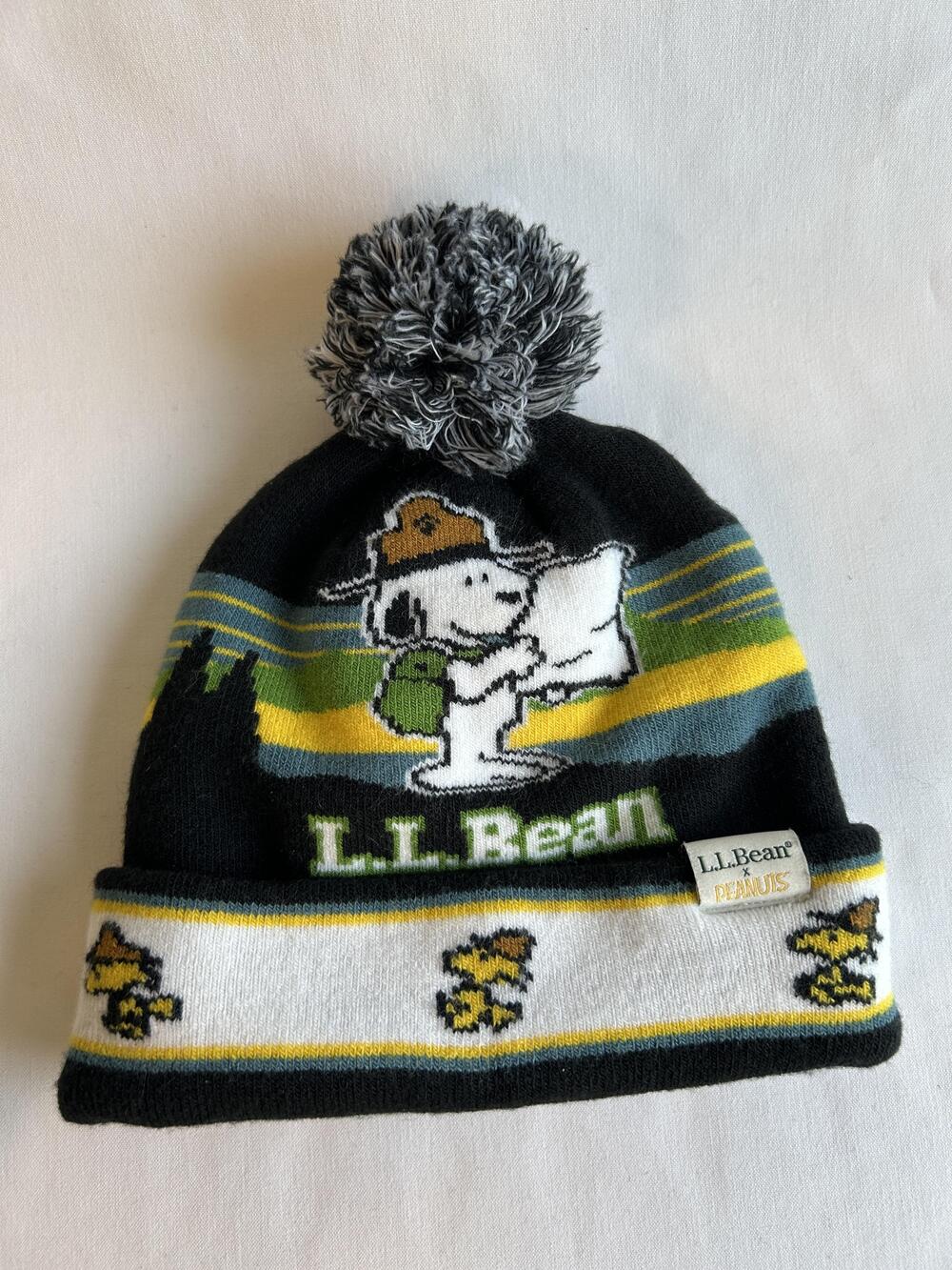 L.L. Bean Hat Beanie Snoopy Woodstock Peanuts Pom Knit Ski Black One Size Mens